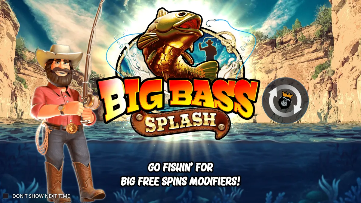 Big Bass Splash intro screen: a fisherman in a cowboy hat holds a rod beside the logo, with the line Go Fishin' for big free spins modifiers