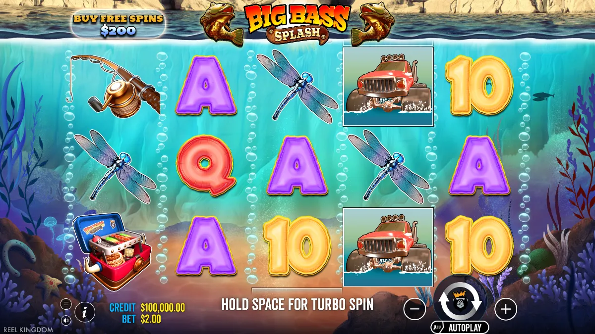 Big Bass Splash base game with the Buy Free Spins button at 200 and two monster truck symbols on the fourth reel