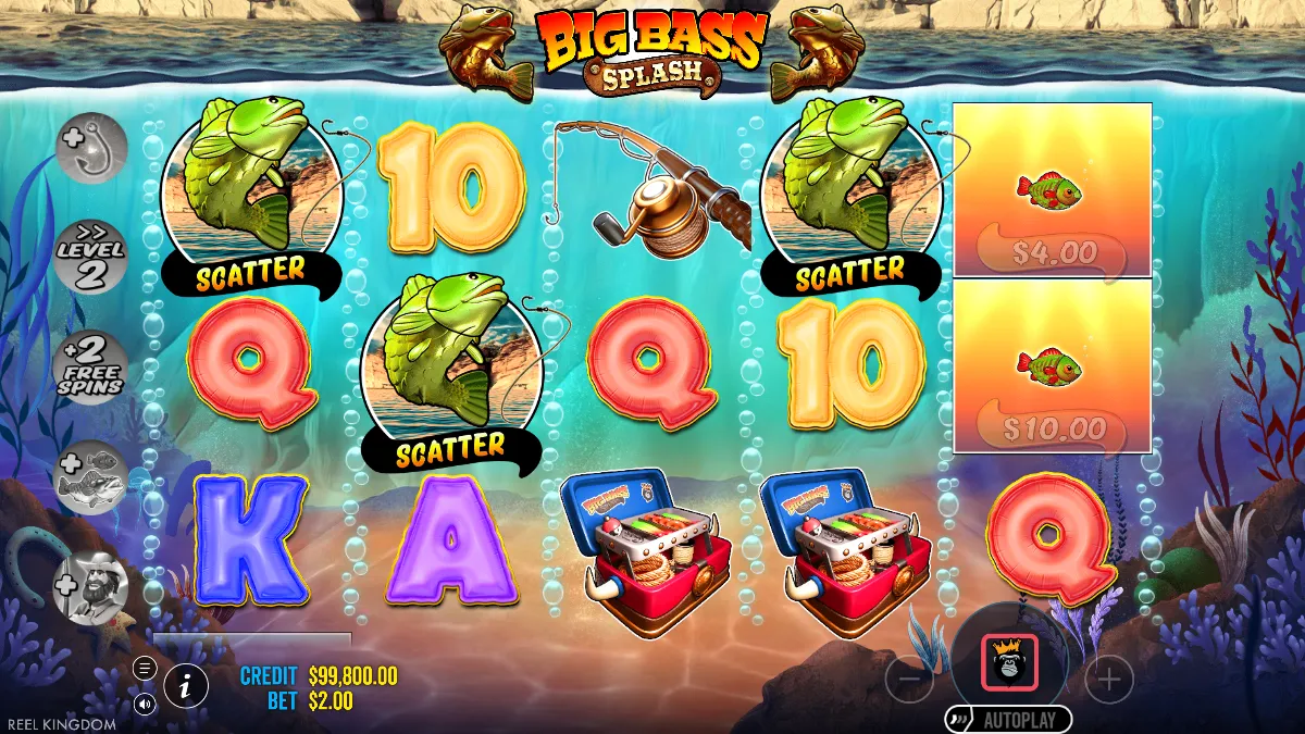 Big Bass Splash free spins trigger with three scatters and the modifiers panel on the left, with 4.00 and 10.00 fish money symbols on the last reel