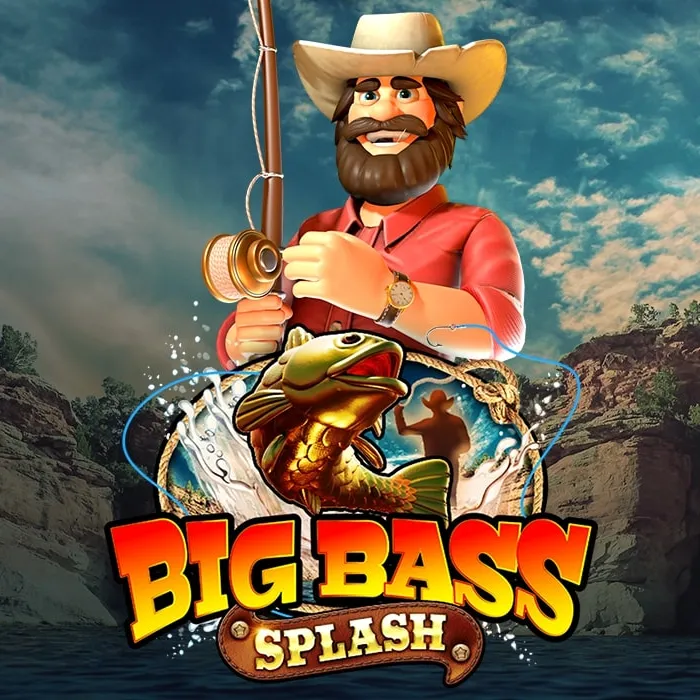 Big Bass Splash game tile with the bearded fisherman in a cowboy hat, a golden bass and the logo