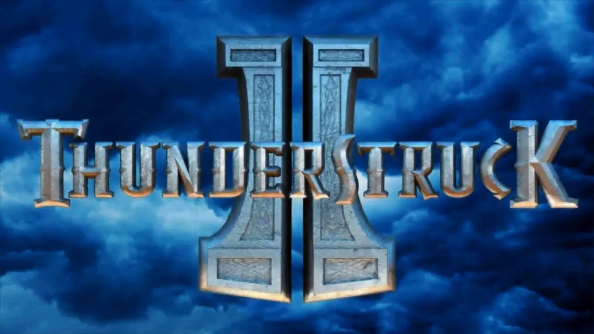 Thunderstruck II title art with the Norse gods and the lightning logo