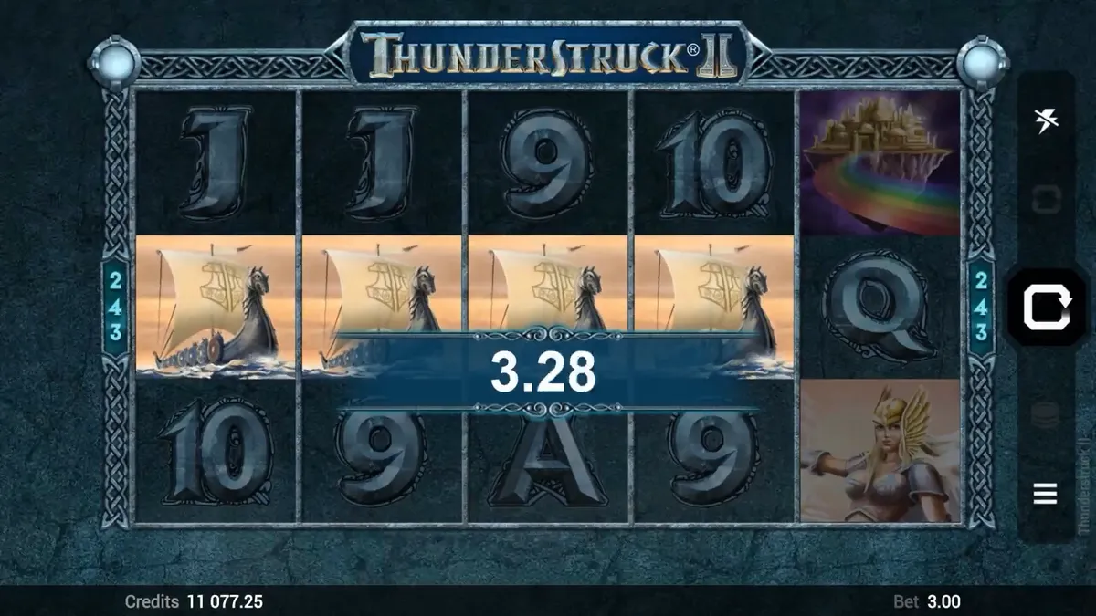 Thunderstruck II base game with five reels, three rows and the 243 ways markers